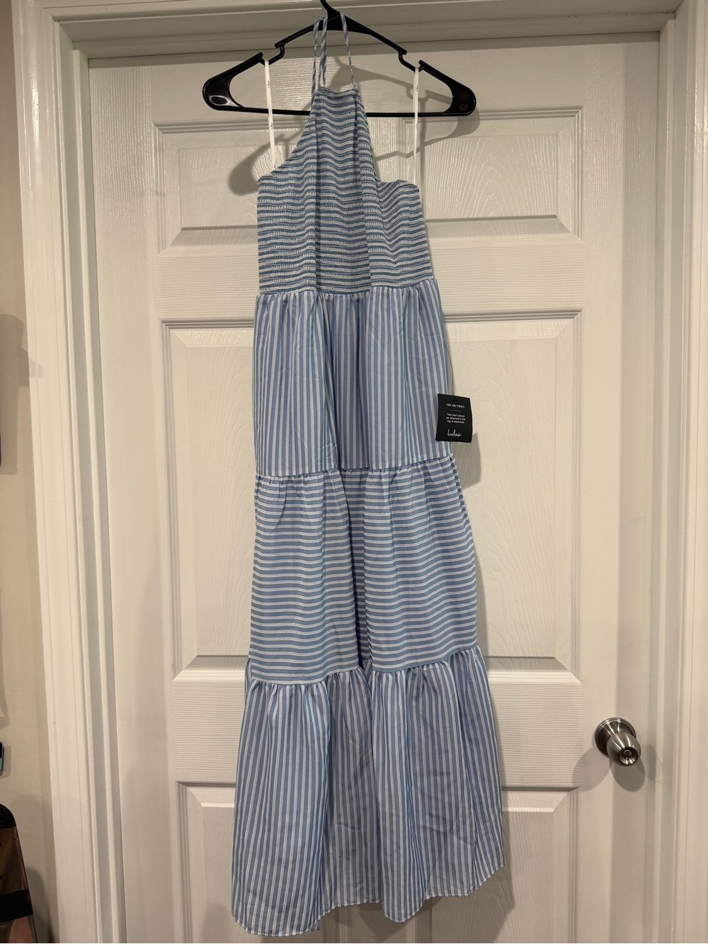 NWT Women’s Blue and White Striped Tiered Halter Dress